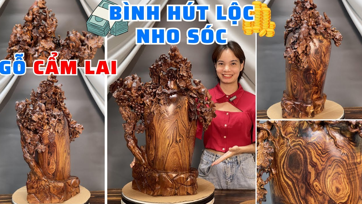 Bình hút tài lộc đục Nho Sóc gỗ Cẩm